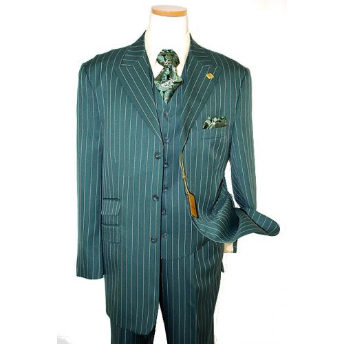Stacy Adams "Green Label" Hunter Green/Cream Pinstripes Super 150's  Vested Suit